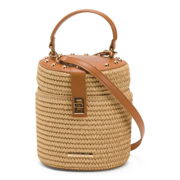 Rachel Zoe Tan Straw and Leather Bucket Crossbody - Picture 1 of 3